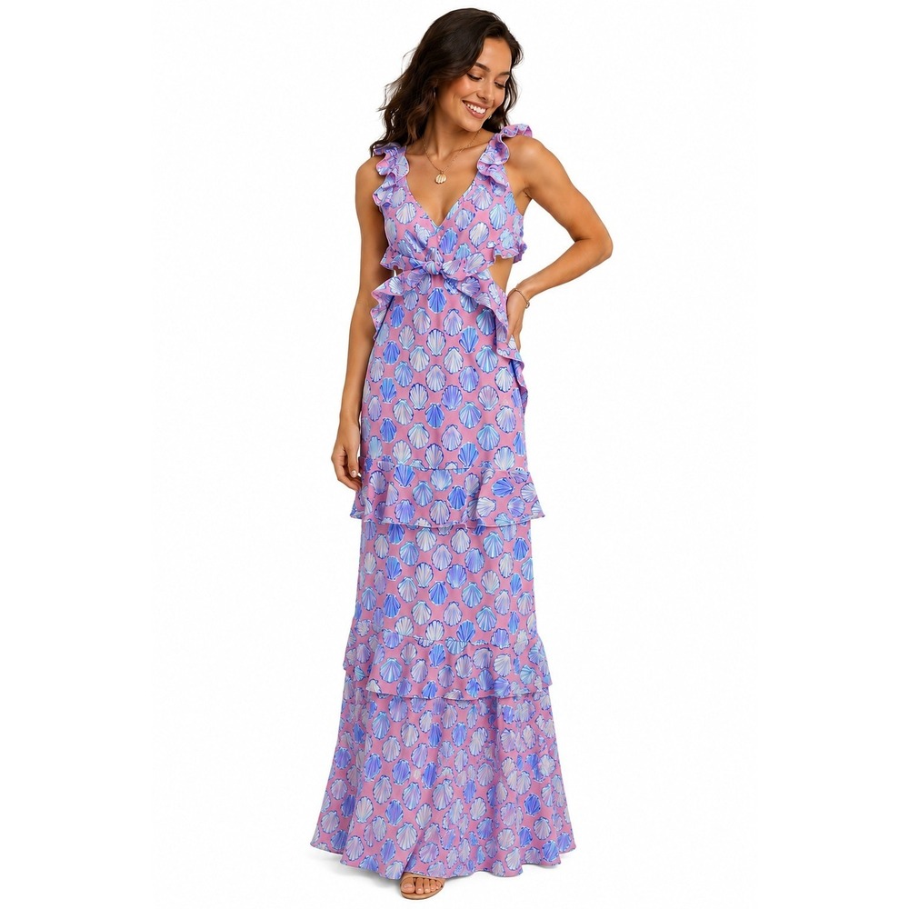 NEW Simply Southern Pink Blue Shell Print Ruffle Cut Out Maxi Dress Womens Small